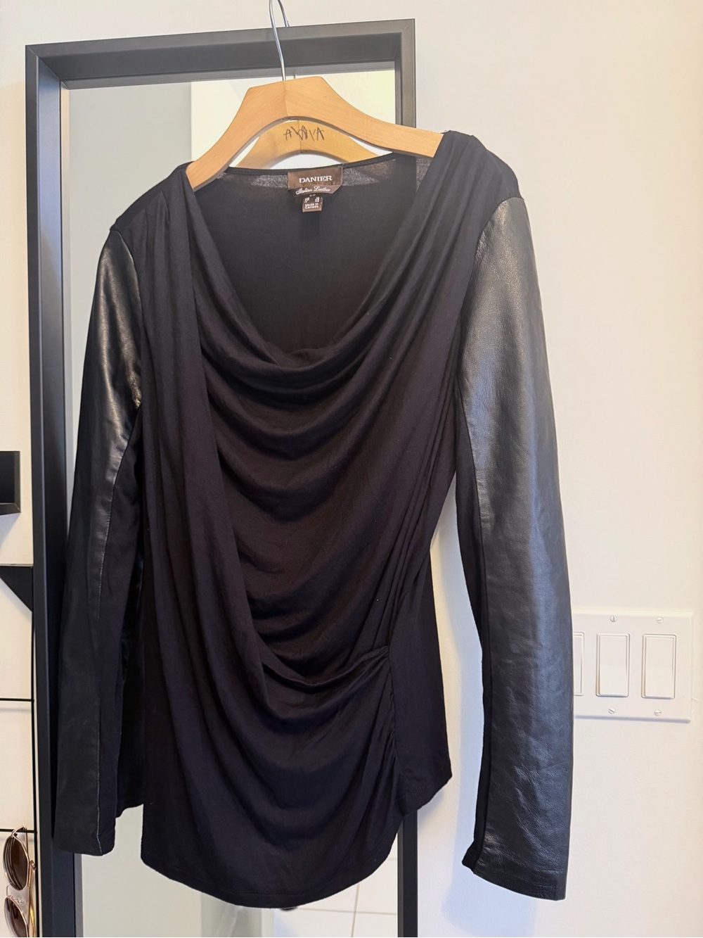 Danier Black Genuine Leather Sleeve Cowl Neck Tunic Top US 8